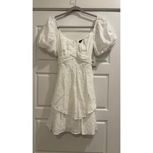 Crystal Doll White Eyelet Mini Dress Puff Sleeve Tiered Ruffle Cotton CNV19881 S